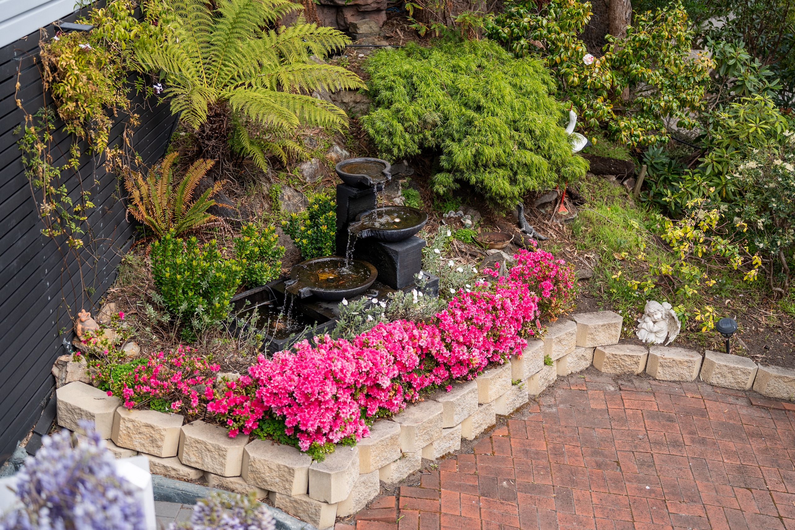 A tiered garden bed with ferns, a small fountain and bright pink azaleas above a brick path.
