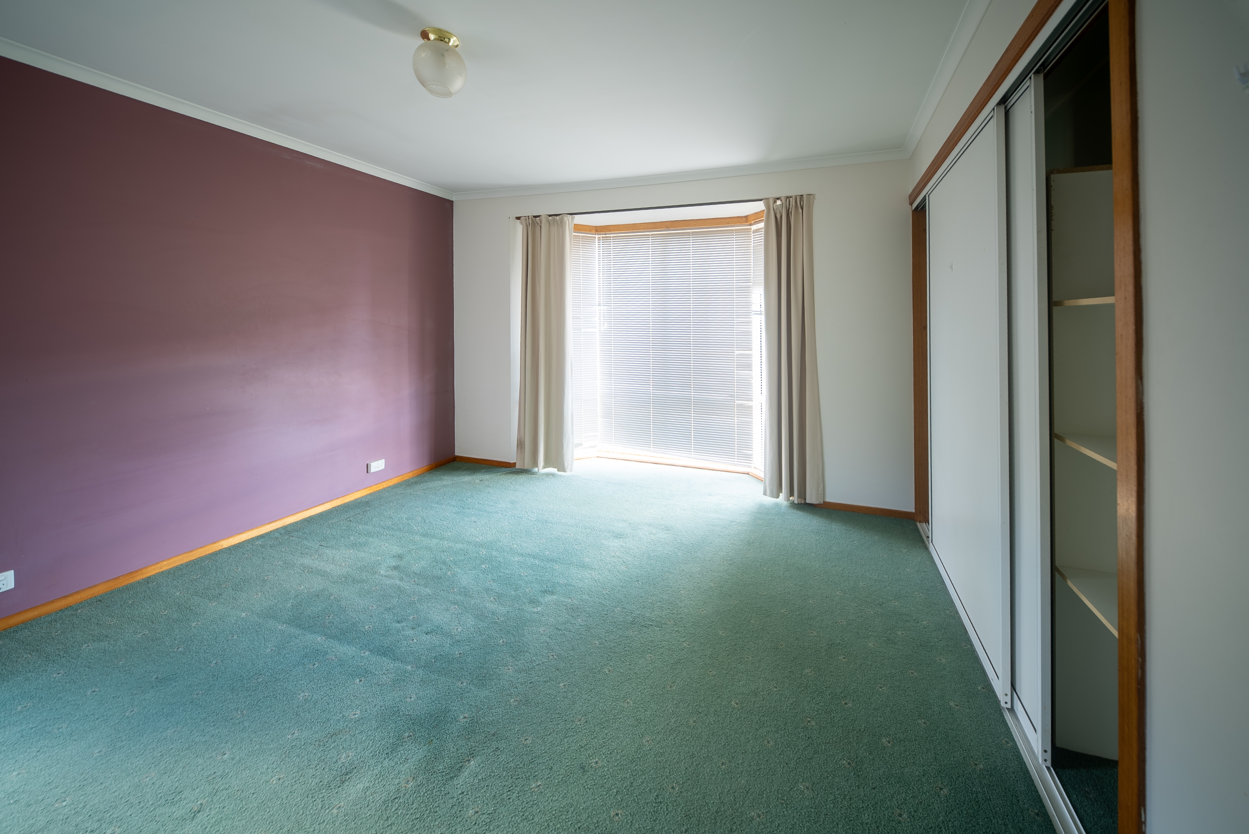 Bedroom with green carpet, a built-in robe and a large window.