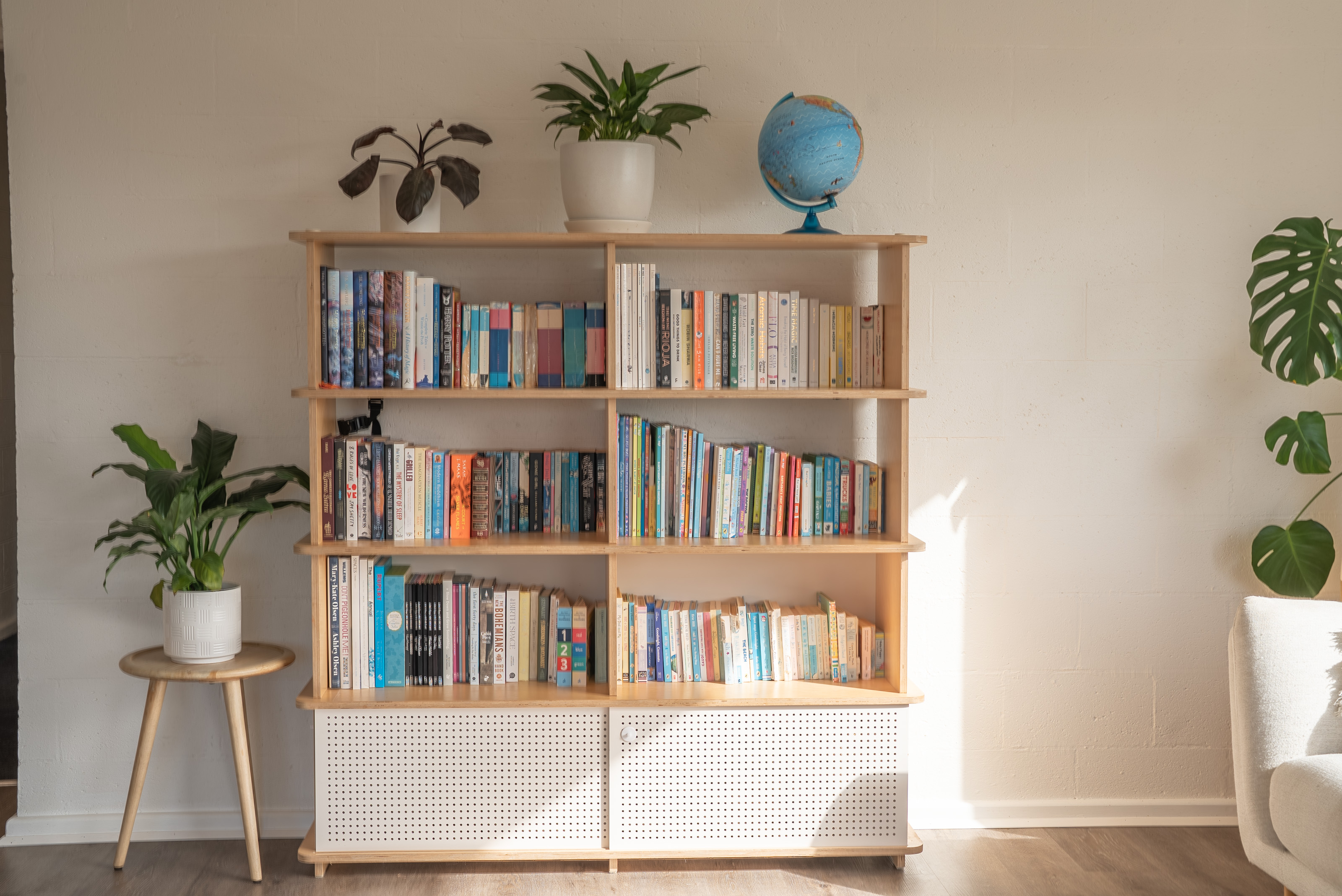 Timber bookshelf holding books, pot plants and a globe, against a painted brick wall.