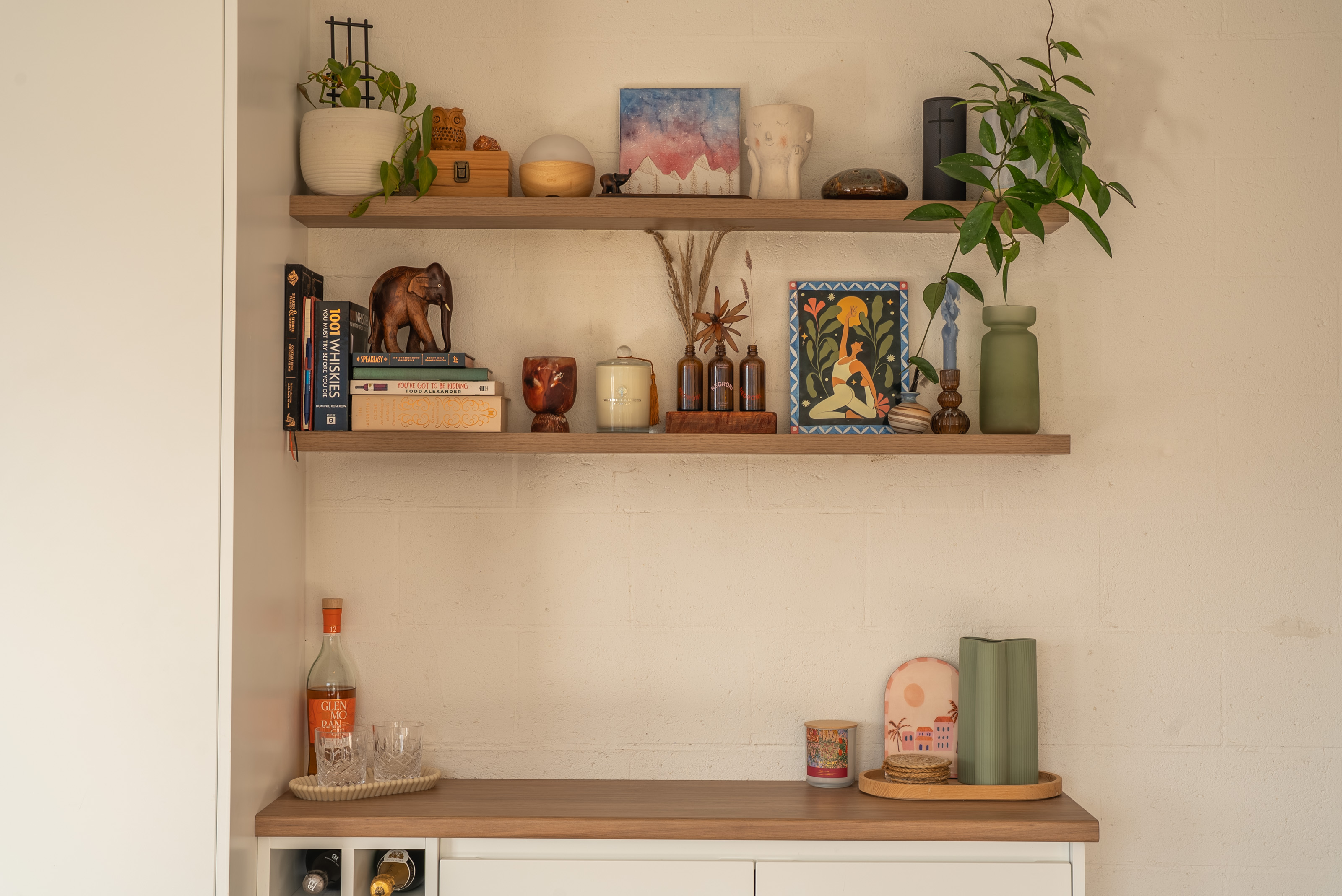 Two timber wall shelves above a sideboard, holding books, art and pot plants.