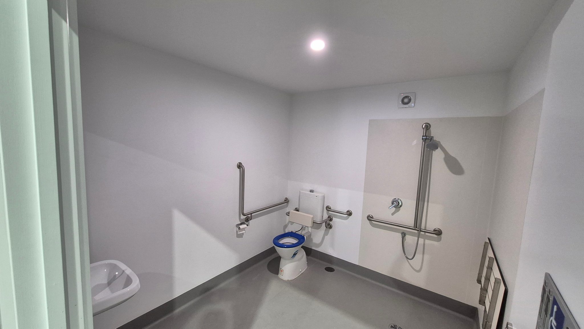 Bathroom with a toilet, grab rails, hand basin, and a shower on a rail, with a floor waste.