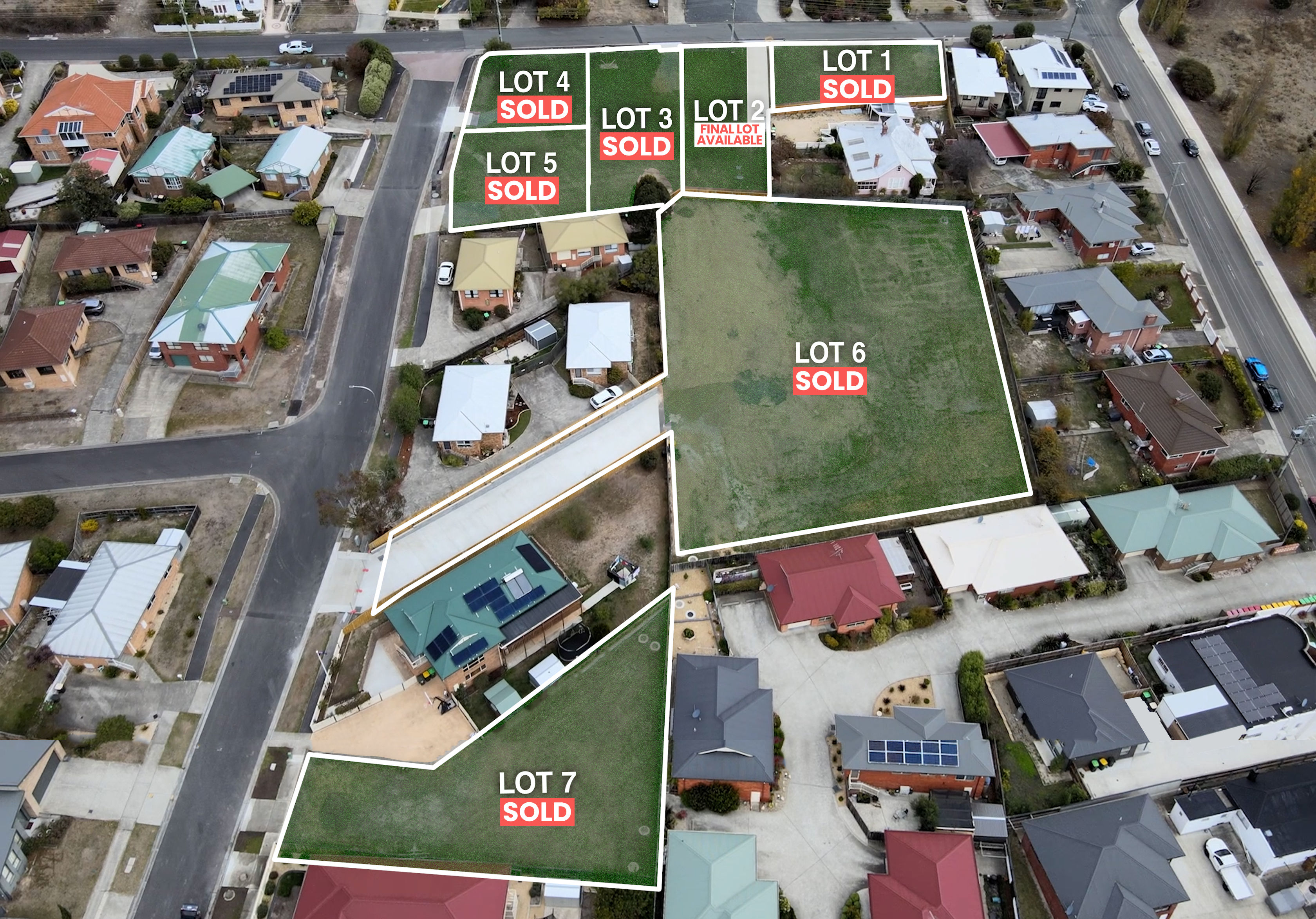 Straight-down aerial of the seven-lot subdivision, with Lot 2 outlined and labelled the final lot available, surrounded by residential streets on all sides.