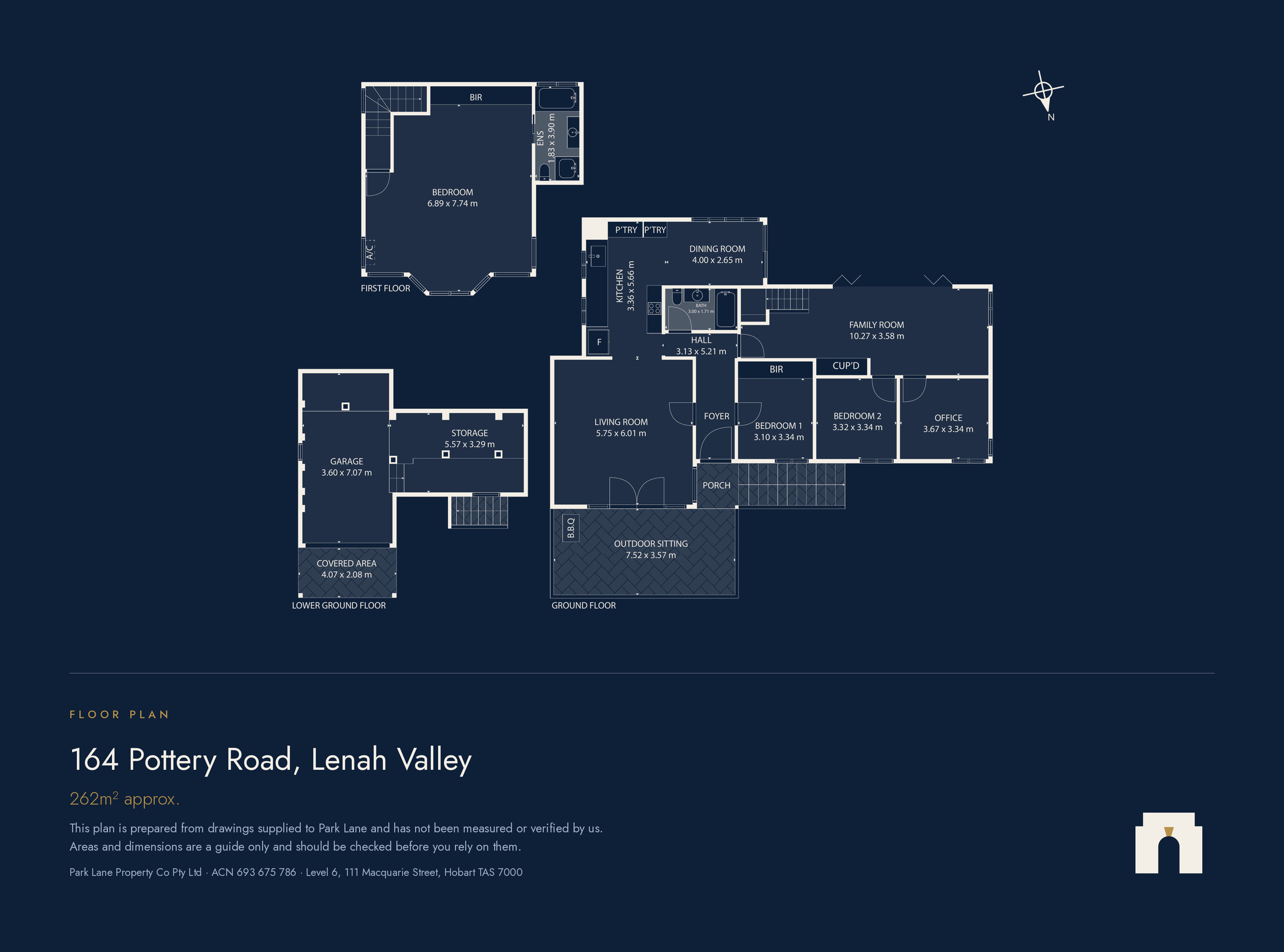 Floor plan of the home over three levels: the first-floor bedroom with ensuite; the ground floor with living room, kitchen, dining room, family room, two bedrooms, office, bathroom and outdoor sitting area; and the lower-ground garage and storage.