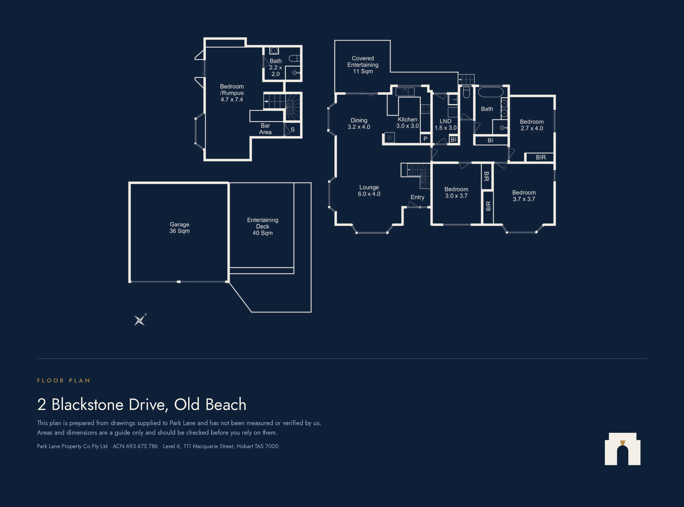 Floor plan of the home: the main level with lounge, dining, kitchen, laundry, three bedrooms with built-in robes, a bathroom and a covered entertaining area; the lower level with a rumpus room, bar area and second bathroom; and the detached garage and entertaining deck.