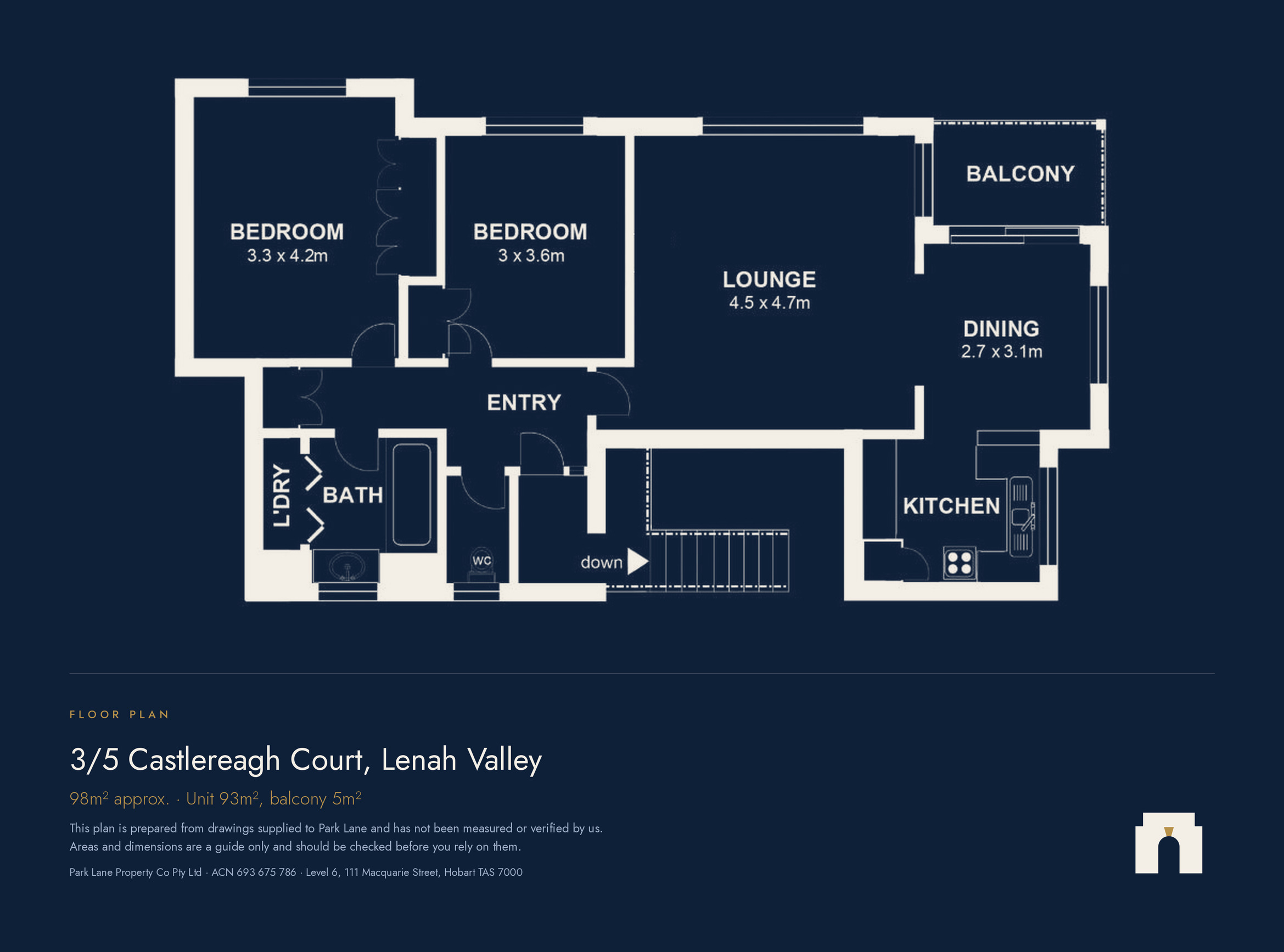 Floor plan of the unit showing two bedrooms, bathroom, laundry, entry, lounge, dining, kitchen and balcony.